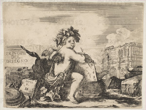 Plate 1: the genius of drawing, a child with wings, seated on a rock in center turn..., ca. 1641-43. Creator: Stefano della Bella.