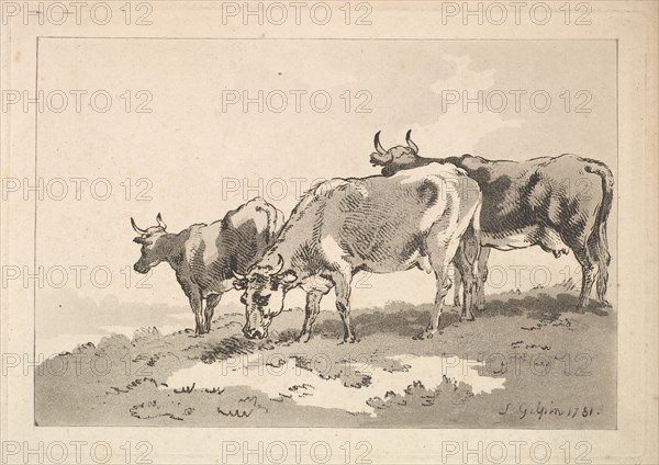 Three Cows Standing on the Ridge of a Field, 1784-87. Creator: Thomas Rowlandson.