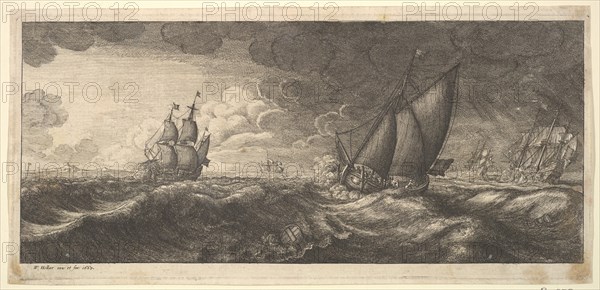 A yacht and three warships in a storm, 1665. Creator: Wenceslaus Hollar.