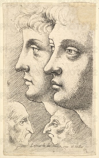 Two youths in profile to left with two grotesque heads facing each other below, 1625-77. Creator: Wenceslaus Hollar.