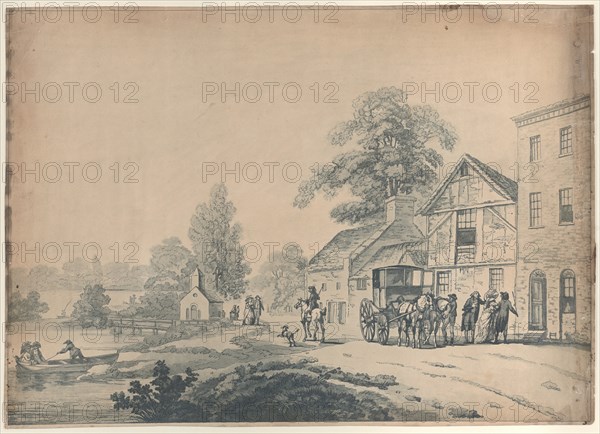 A Coach Outside an Inn, 1785-90.  country inn with a carriage stopped in front and a lady and two gentleman entering the front door. Other couples stroll along the road near a small chapel and on a river or lake at left, a man rows another pair towards shore