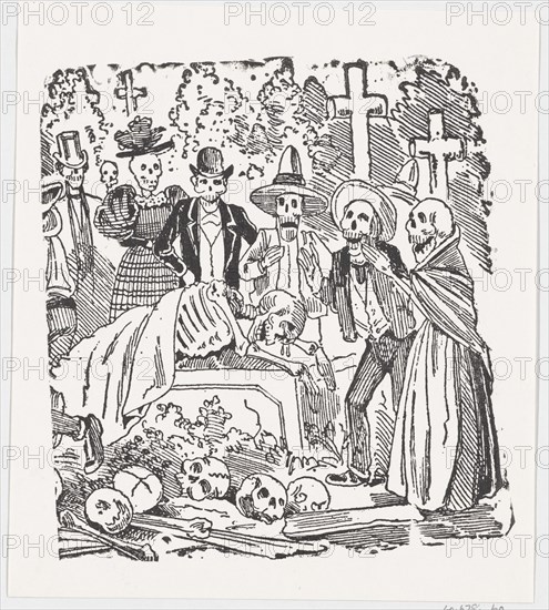 A skeleton covered with a sheet crying in a cemetery, from a broadside entitled ' Calavera llorando el hueso', ca. 1880-1910.