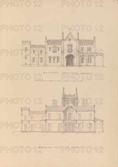 Belmead, James River, Virginia: Entrance façade and west-east section (recto); North-south section and upper floorplan (verso), 1845.