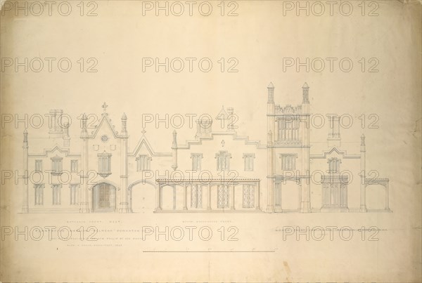 Belmead, Plantation Mansion for Philip St. George Cocke, Powhatan Co., Virginia (partial elevations of entrance facade, greenhouse facade and James River facade, shown as continuous), 1846.