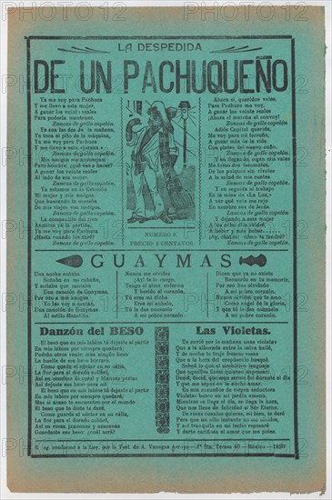 Broadsheet with love songs, man wearing a sarape standing in the street, ca. 1920 (published).