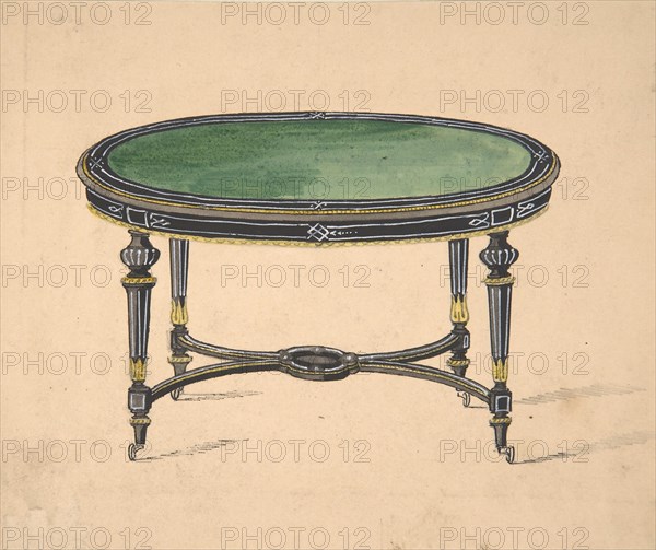 Design for a Round or Oval Table with a Green Top and Black and Gold Sides and Legs, 19th century.