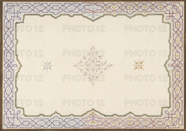 Design for the decoration of a ceiling with a border of strapwork and a central filagree medallion, 1830-97.