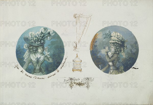 Two Costume Designs or Portrait Studies. Woman with a Bird and a Woman with Binoculars, ca. 1785-90.