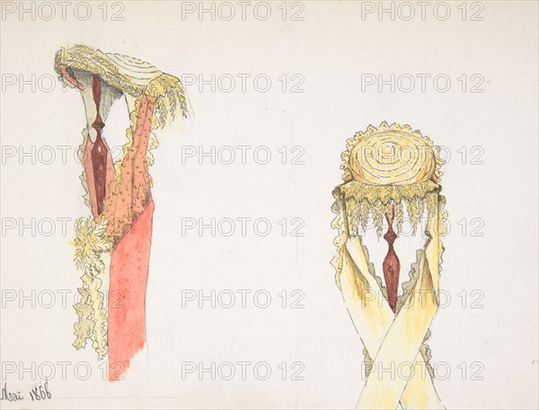 Two Views (Side and Front) of a Hat on a Stand, 1866.