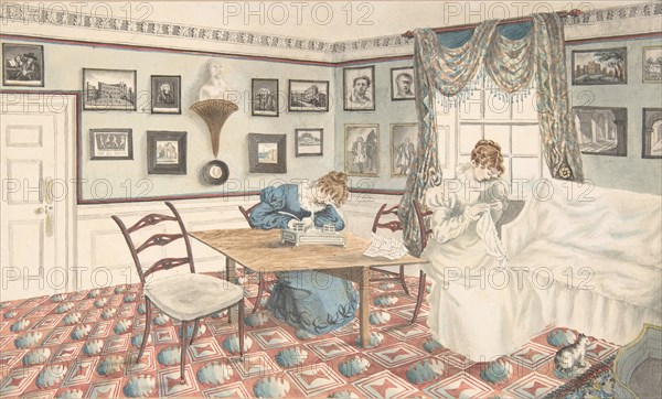 Two young women writing and sewing in an interior at Hatton, Warwickshire, 1820-30.