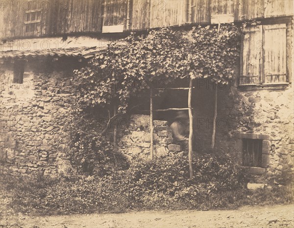 [Rustic Building with Man under Trellis], ca. 1853.