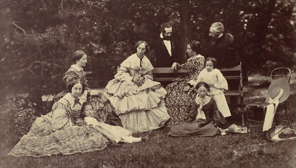 [Group Portrait of Four Women, Two Men and Three Children in a Garden], 1850s-60s.