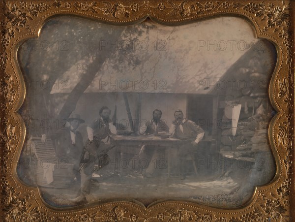 Four Gold Miners Seated in Front of Their House, ca. 1852.