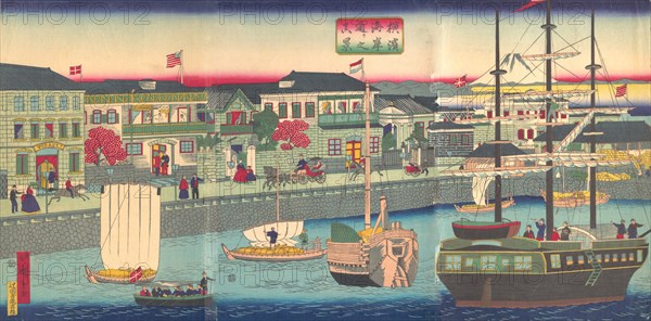 View of the Seafront in Yokohama (Yokohama Kagandori no fukei), 5th month, 1870.