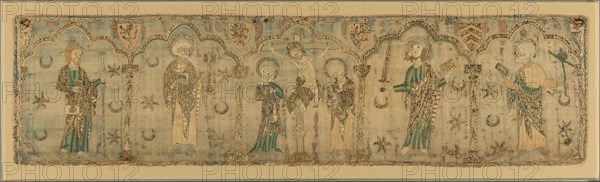 Crucifixion flanked by Saints, British, ca. 1270 (probably before 1272). Crucifixion of Jesus witnessed by Saint John, the Virgin, and saints James the Greater (with a satchel), Peter (with a key), Paul (with a sword), and Andrew (with an X-shaped cross).