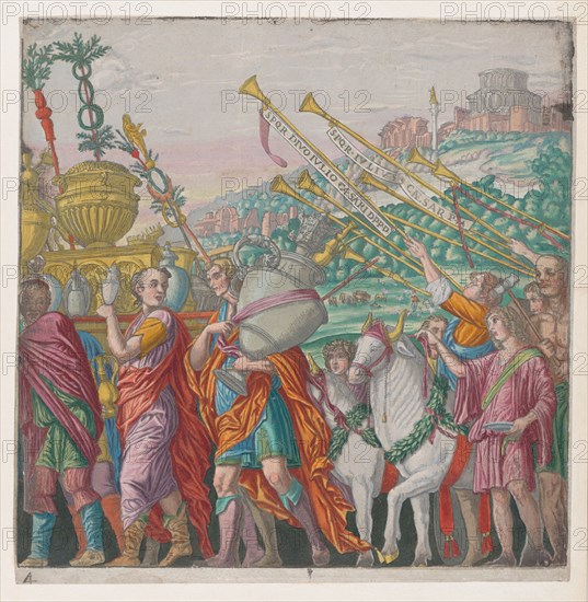 Sheet 4: Men carrying trophies at left, trumpeters at right, from The Triumph of Julius Caesar, 1599.