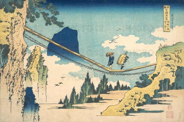 The Suspension Bridge on the Border of Hida and Etchu Provinces (Hietsu no sakai tsuribashi), from the series Remarkable Views of Bridges in Various Provinces (Shokoku meikyo kiran), ca. 1830.