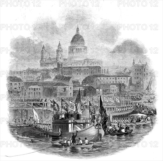 The Lord Mayor taking water at the New Pier, Blackfriars Bridge, 1845. Creator: Ebenezer Landells.