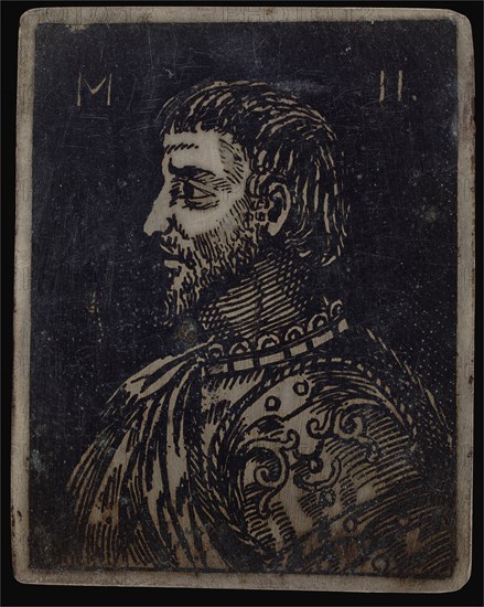 Bust of a Bearded Man with Ornate Breastplate Facing Left.