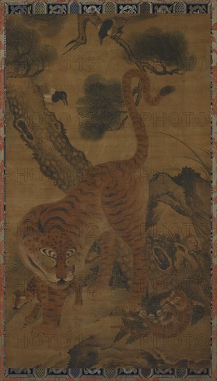 Tiger with cubs and magpies, 15th century.