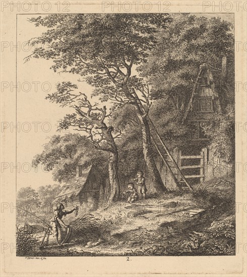 A Fisherman and Two Children in a Landscape with Thatched Cottages, 1764.