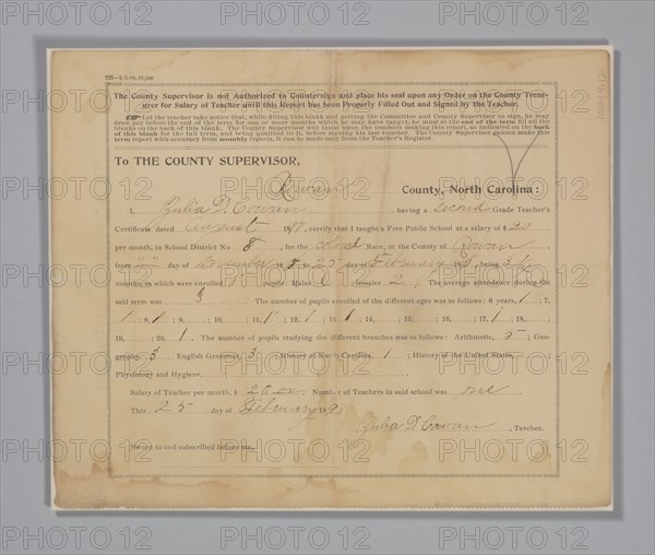 Teaching report for County Supervisor of Rowan, NC filled out by Julia Cowan, 1897. Creator: Unknown.