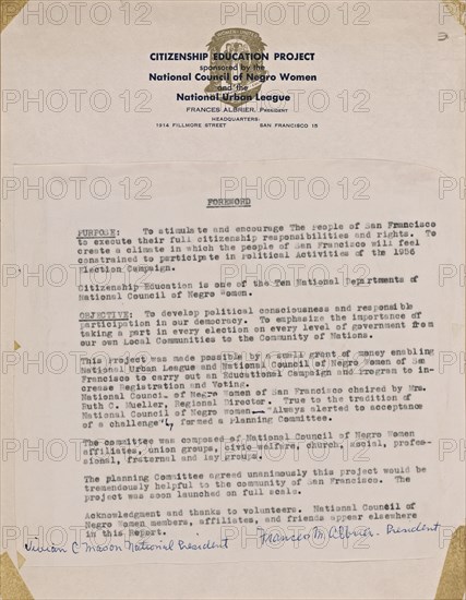 Document stating the purpose and objectives of the Citizenship Education Project, 1956-1957. Creator: Unknown.