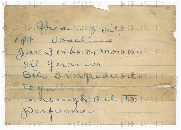 Handwritten formula for pressing oil, 1915-1953. Creator: Unknown.