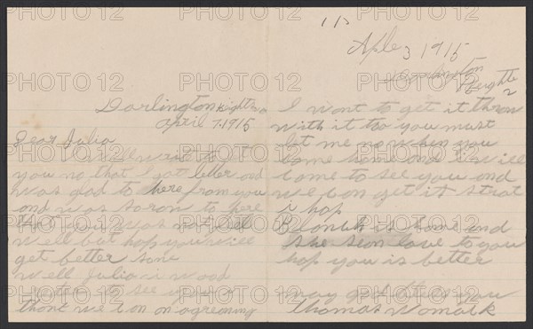 Letter from Thomas Womack to Julia Womack with envelope, April 7, 1915. Creator: Thomas Womack.