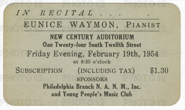 Promotional card for a piano recital given by Eunice Waymon (Nina Simone), 1954. Creator: Unknown.