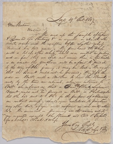 Letter concerning procurement of whips, personal affects, and bolts of cloth, October 19, 1829. Creator: Unknown.