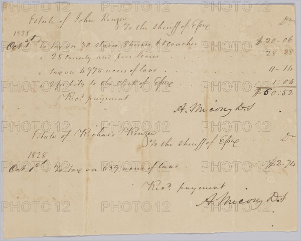 Record of taxable property, including enslaved persons, owned by Rouzee estates, October 1, 1828. Creator: Unknown.