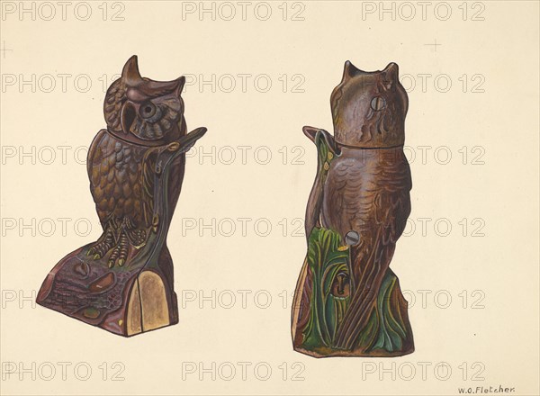 Owl on Log Bank, c. 1937. Creator: William O. Fletcher.