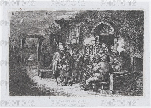 Plate 18: street musicians and other figures outisde a tavern, from the series of customs ..., 1850. Creator: Francisco Lameyer Berenguer.