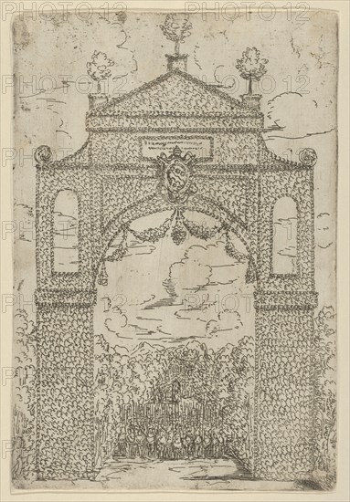 Triumphal arch covered in foliage with mounted troops below, a temporary decoration for th..., 1599. Creator: Guido Reni.