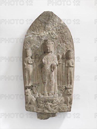 Standing bodhisattvas with monks, Pratyekabuddhas, lions..., Period of Division, 557-581. Creator: Unknown.