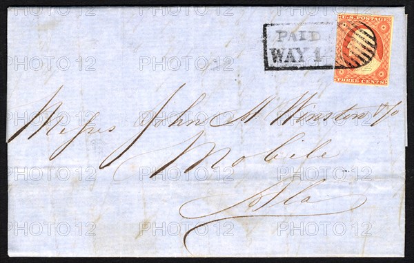 3c Washington with "PAID WAY 1" postmark on cover, 1851. Creator: Unknown.