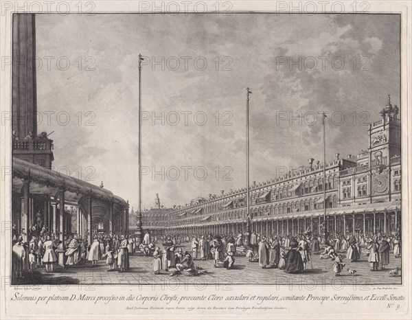 Plate 9: Procession on Corpus Christi Day in the Piazza San Marco, from 'Ducal Ceremon..., ca. 1766. Creator: Giovanni Battista Brostoloni.