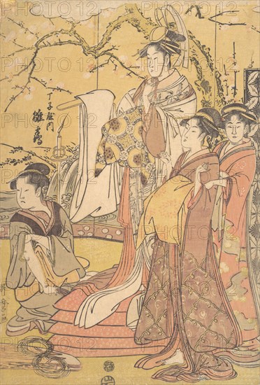 The Oiran Hinazuru of Chojiya Standing upon a Pile of Futon, ca. 1794. Creator: Kitagawa Utamaro.