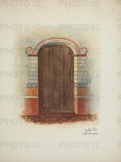 Wall Painting and Door (Interior), 1937. Creators: Geoffrey Holt, Harry Mann Waddell.