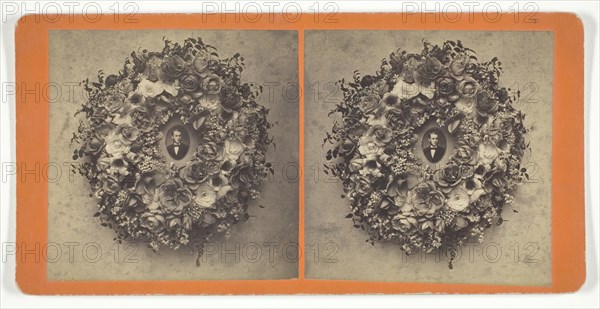 Untitled [wreath of roses with portrait photograph], 1879. Creator: Frank Lawrence.