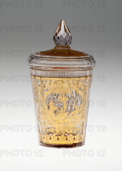 Covered Beaker with Coat of Arms and Hunting Scene, Bohemia, c. 1730. Creator: Bohemia Glass.