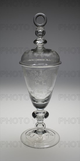 Covered Diamond-Engraved Armorial Marriage Goblet, England, c. 1700-1709. Creator: Unknown.