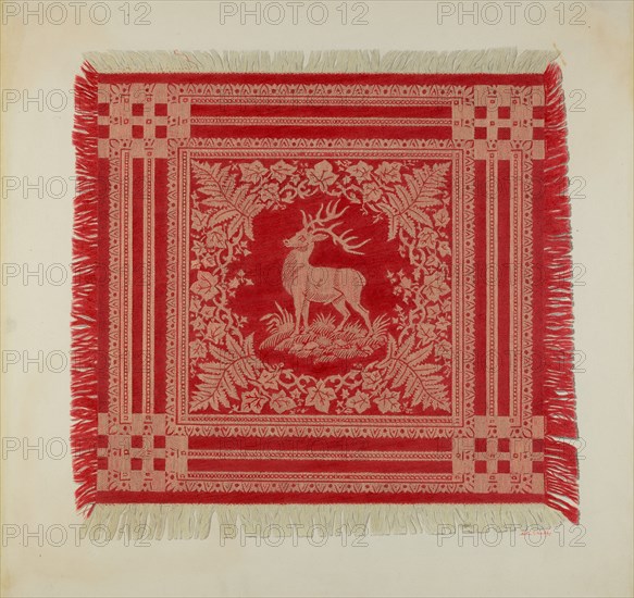 Red and White Napkin (Deer Design), 1935/1942. Creator: Merkley, Arthur G..