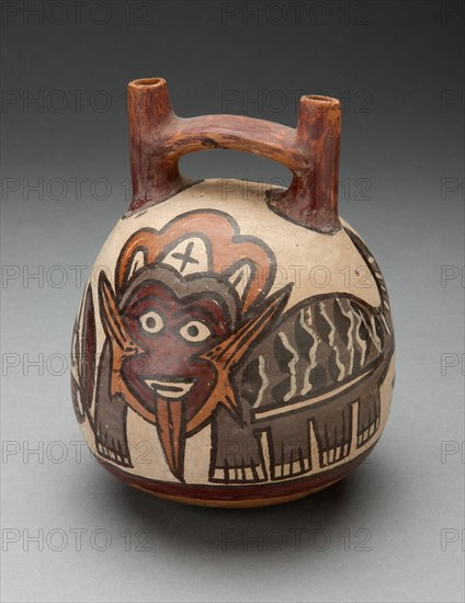 Double Spout Vessel Depicting Costumed Figure with Feline Attributes, 180 B.C./A.D. 500. Creator: Unknown.