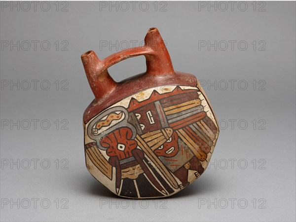 Geometric Bridge Vessel Depicting Ritual Performer Wearing Abstract Bird Costume, 180 B.C./A.D. 500. Creator: Unknown.