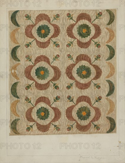 Applique and Quilted Coverlet, 1935/1942. Creator: Manuel G. Runyan.