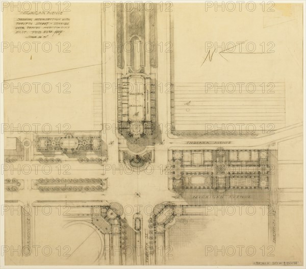 Plate 119 from The Plan of Chicago, 1909: Chicago. Sketch Plan of the Intersection of Michigan... Creator: Daniel Burnham.