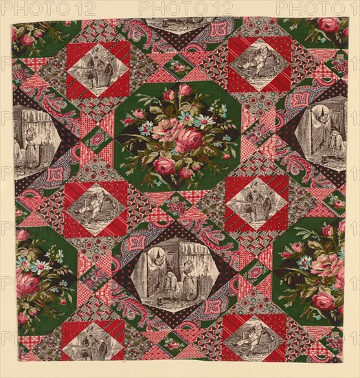 Fragment (Furnishing Fabric), England, After 1874. Floral print with vignette scenes from 'The Pickwick Papers' by Charles Dickens. After works by Hablot Knight Brown ('Phiz').