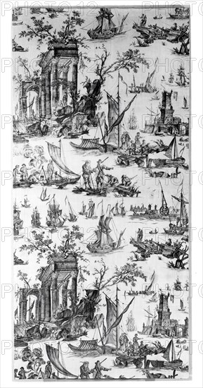 Le Port de Mer (The Seaport) (Furnishing Fabric), Nantes, c. 1780. Engraved by Jean Jacques Le Veau